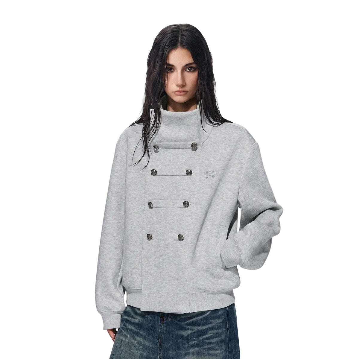 Stand Collar Double Breasted Metal Button Jacket