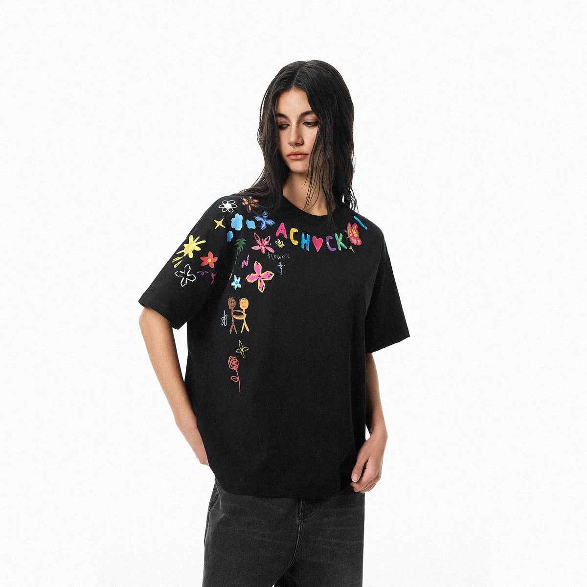 Cartoon Graffiti Graphic T-Shirt, Creative Print Short Sleeve Crew Neck Tee