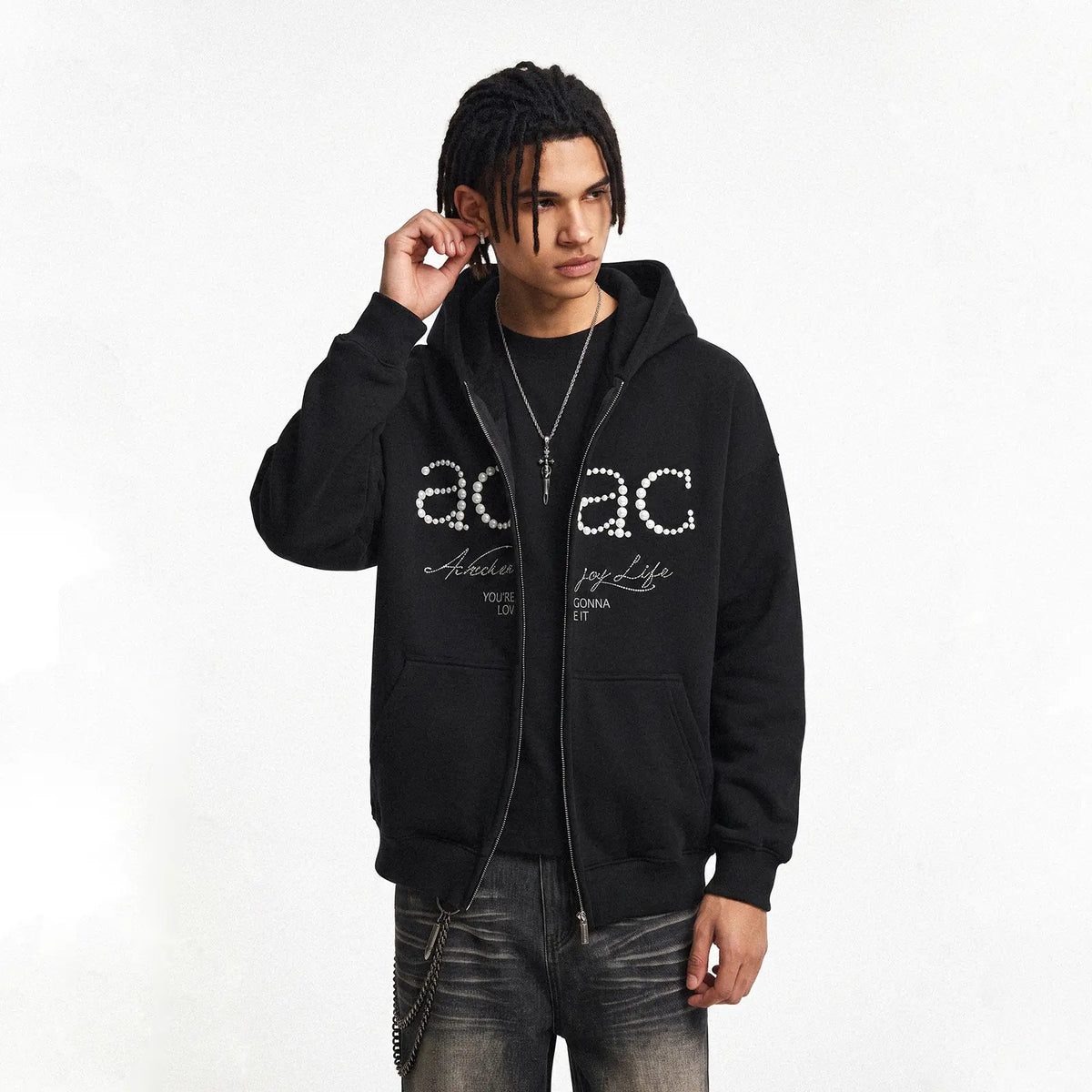 ACAC Series Street Embroidered Pearl Logo Zip Up Hoodie