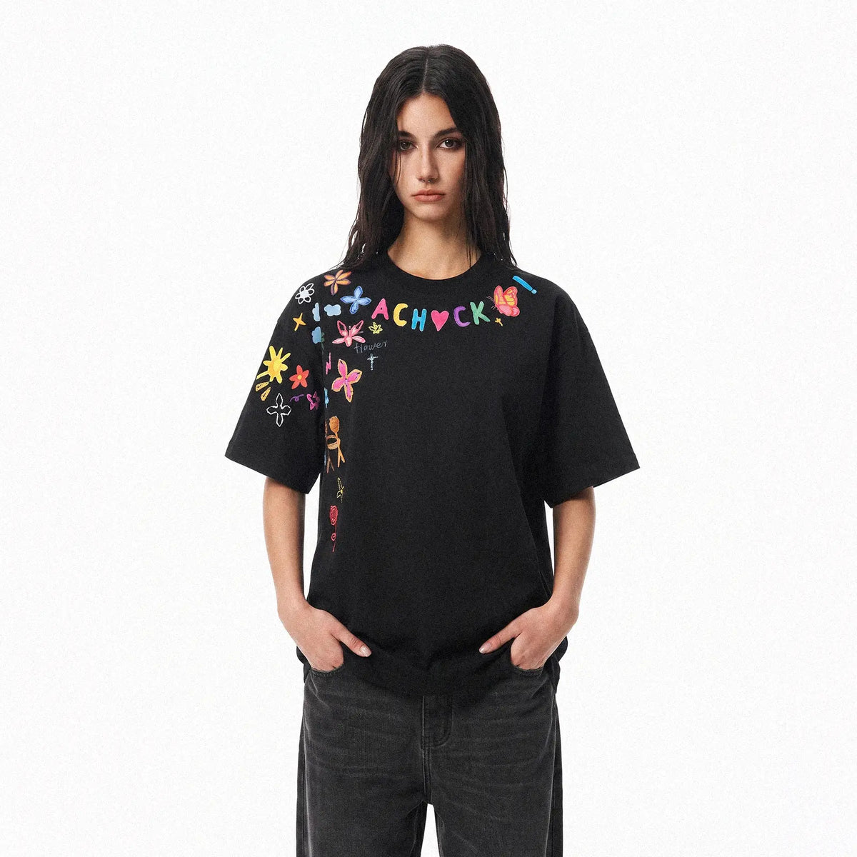 Cartoon Graffiti Graphic T-Shirt, Creative Print Short Sleeve Crew Neck Tee
