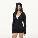 High Street Star Rhinestone Long Sleeve Zip Up Hoodie