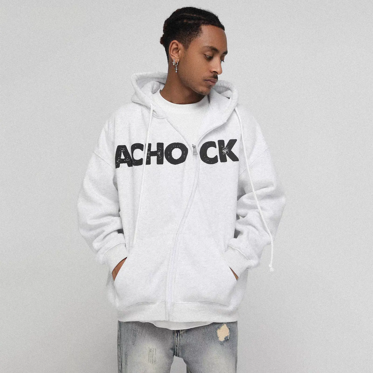 Streetwear S-Shape Zip-Up Hoodie, 3D Puff Print Graphic Hooded Sweatshirt