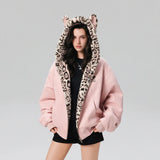 Cute Rabbit Ears Leopard Print Zip Up Hoodie