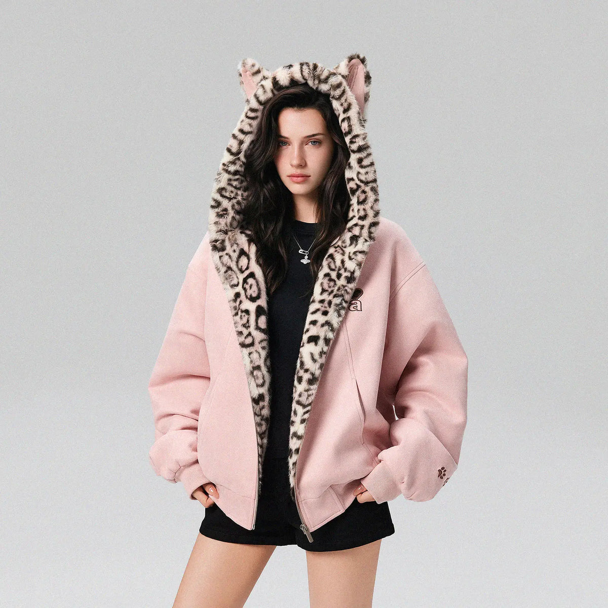 Cute Rabbit Ears Leopard Print Zip Up Hoodie