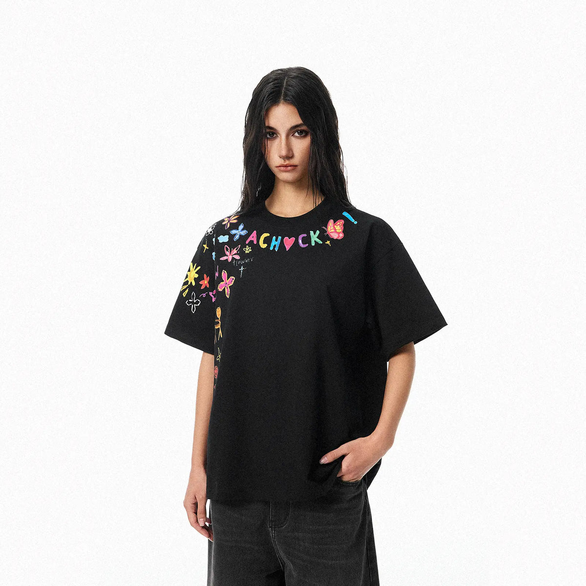 Cartoon Graffiti Graphic T-Shirt, Creative Print Short Sleeve Crew Neck Tee