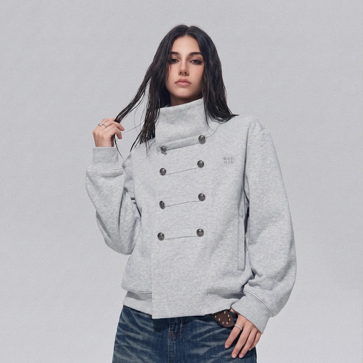 Stand Collar Double Breasted Metal Button Jacket