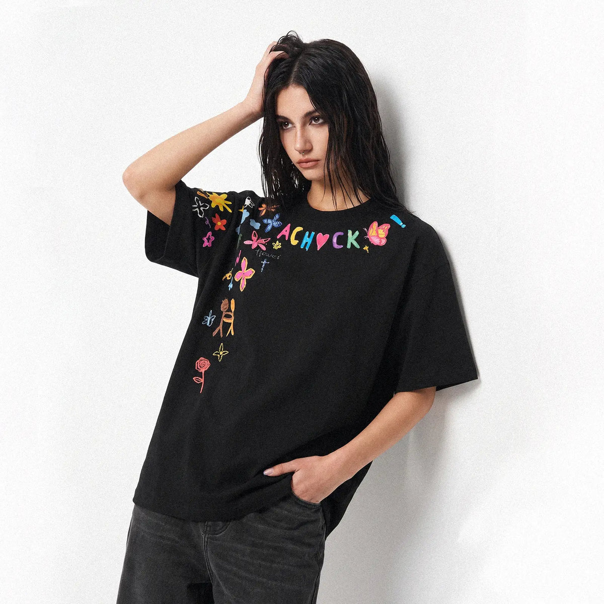 Cartoon Graffiti Graphic T-Shirt, Creative Print Short Sleeve Crew Neck Tee