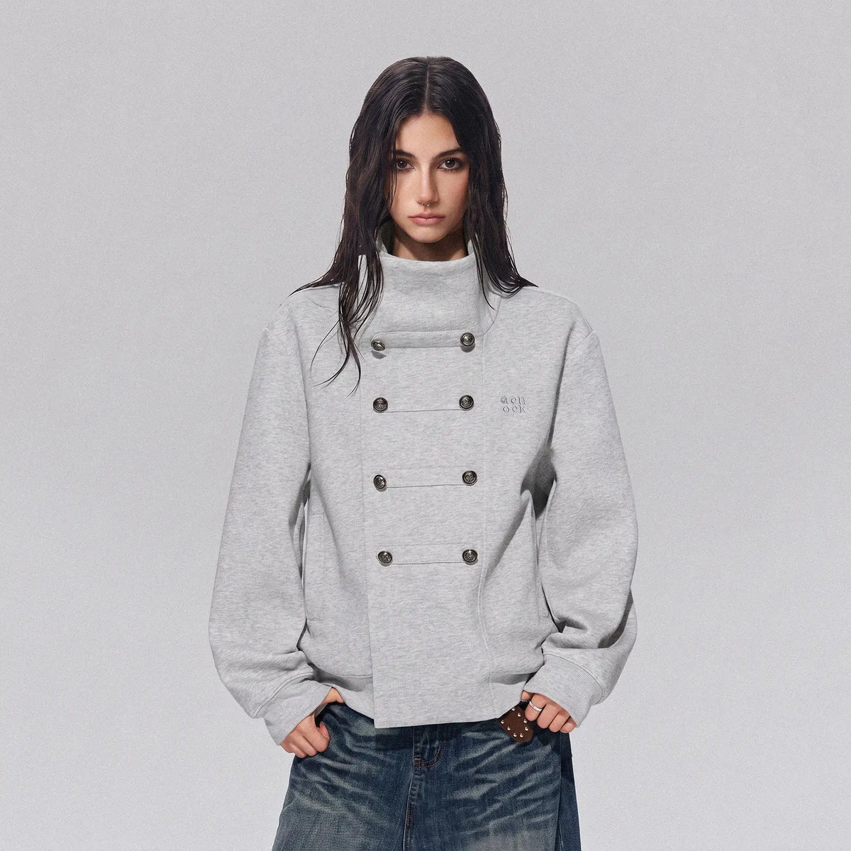 Stand Collar Double Breasted Metal Button Jacket