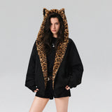 Cute Rabbit Ears Leopard Print Zip Up Hoodie