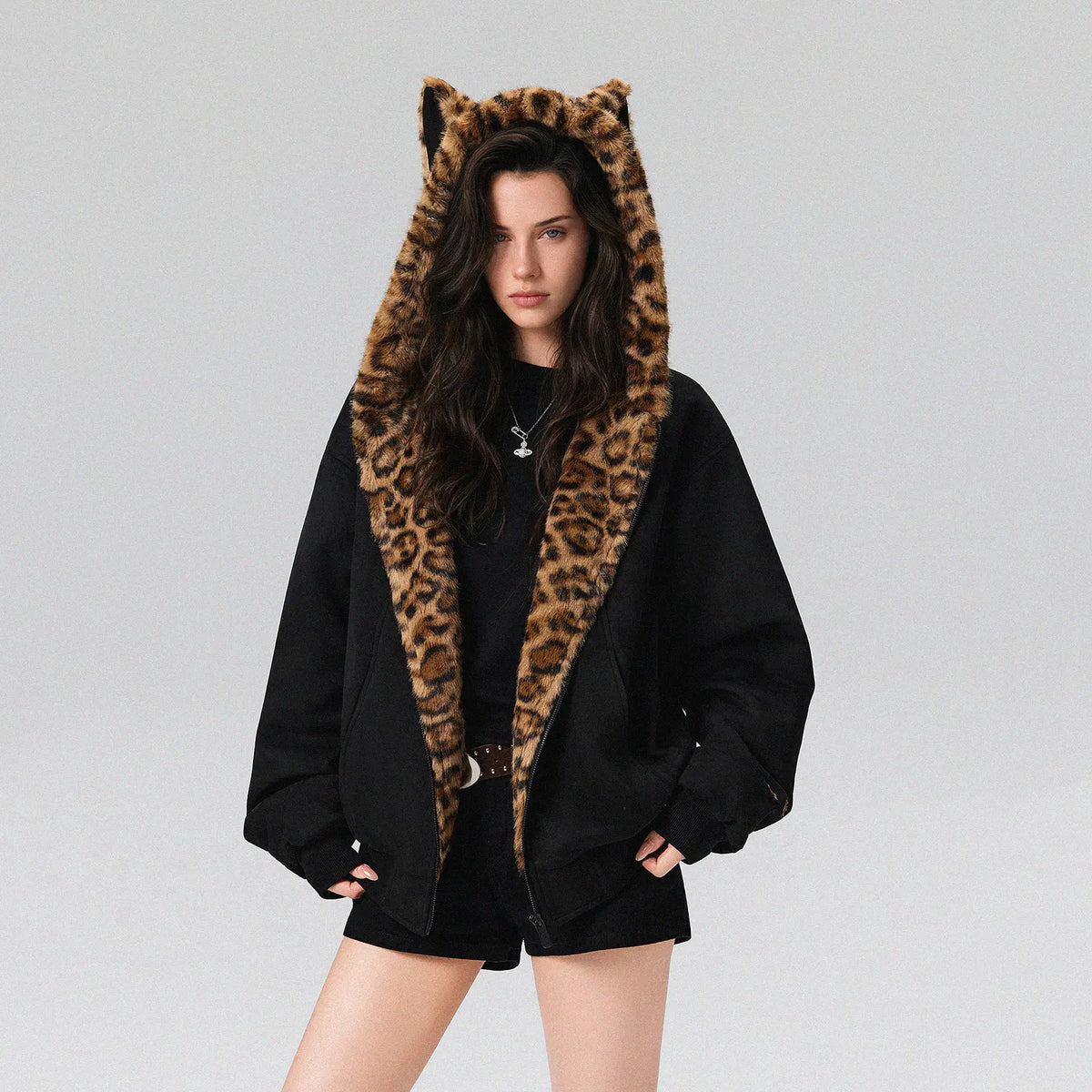 Cute Rabbit Ears Leopard Print Zip Up Hoodie