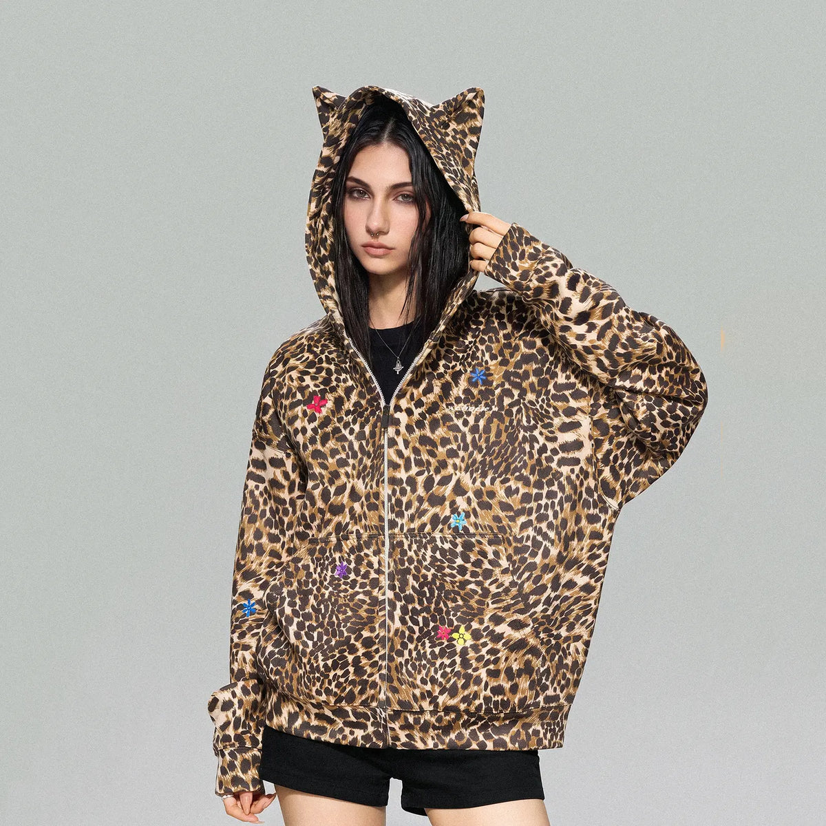 Cat Ear Leopard Print Y2K Hoodie