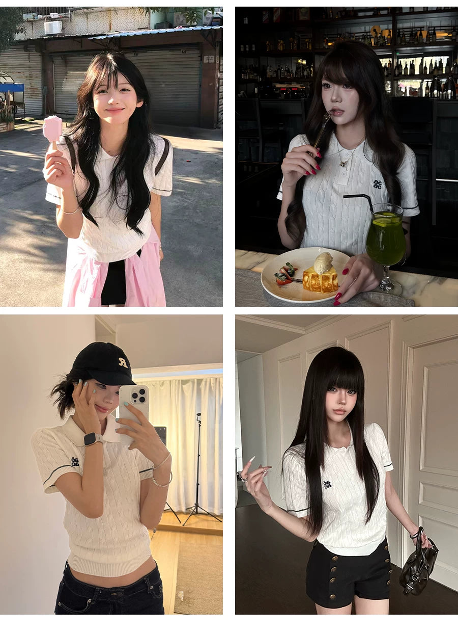 College-style retro slimming polo sweater