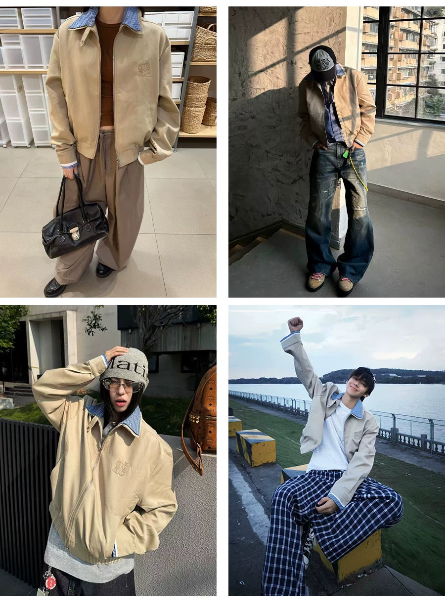 Retro Lapel Jacket with Plaid Patchwork