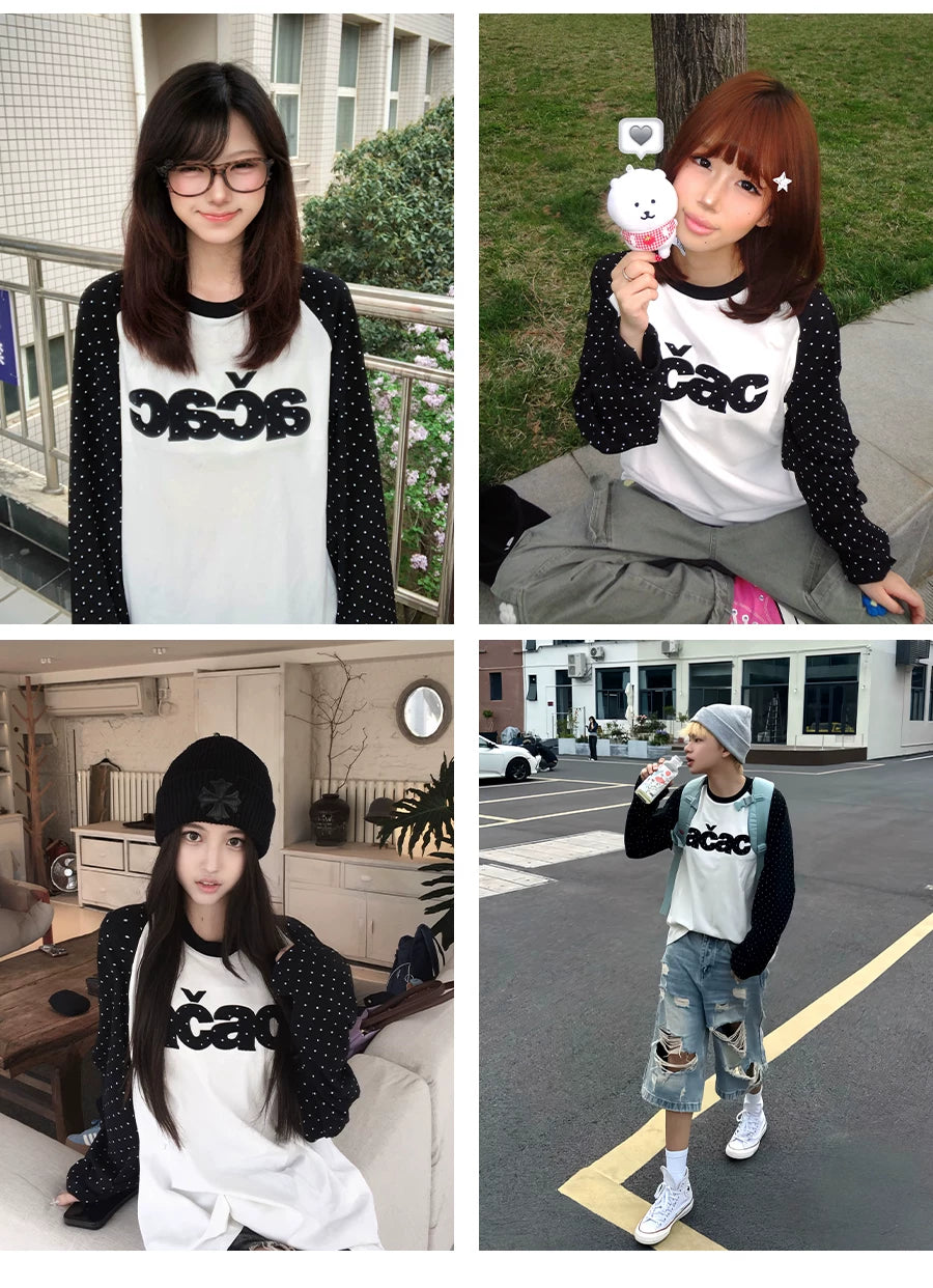Korean-style polka-dot long-sleeve T-shirt