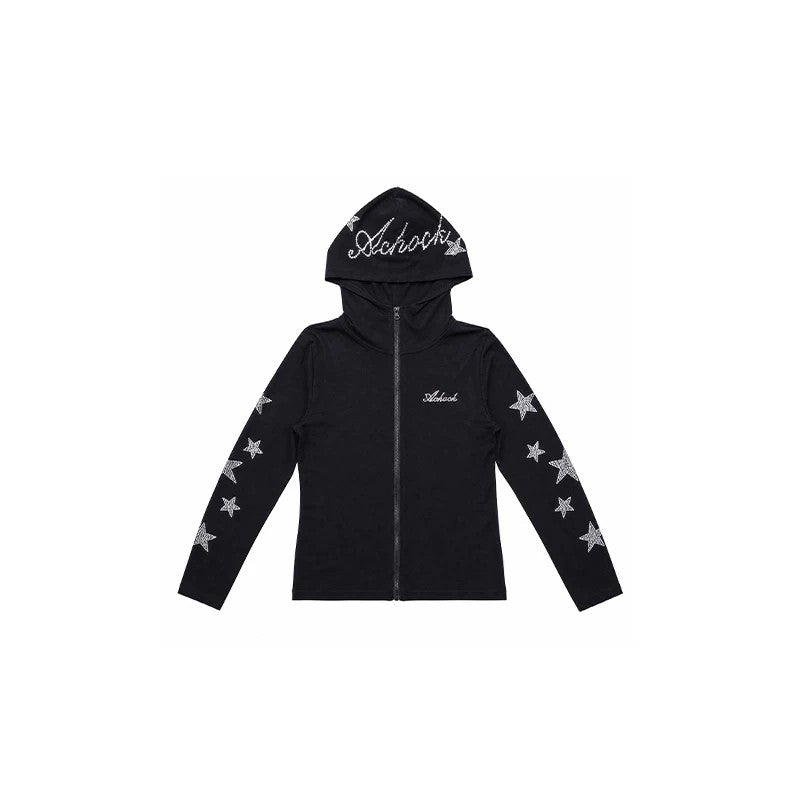 High Street Star Rhinestone Long Sleeve Zip Up Hoodie