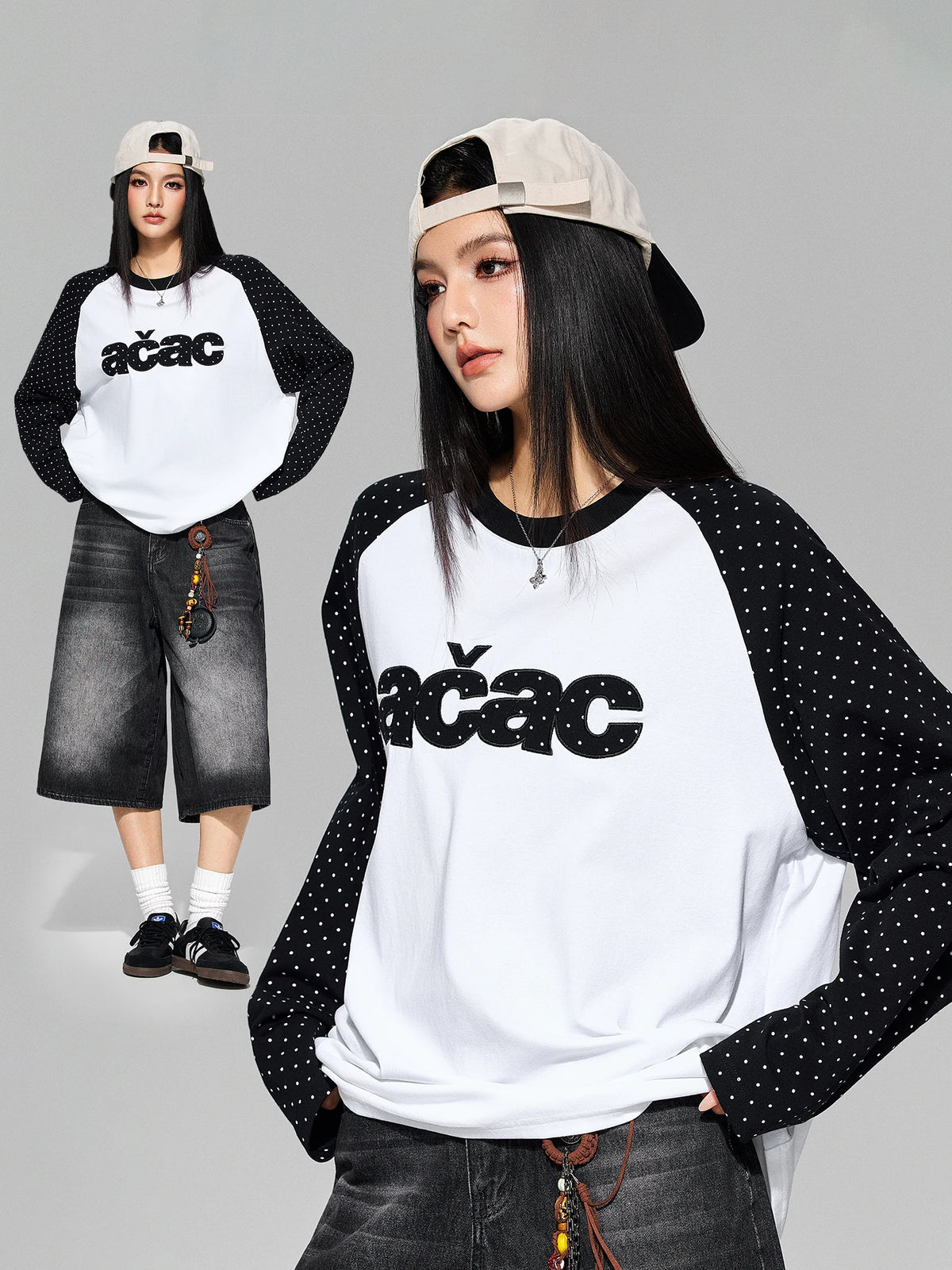 Korean-style polka-dot long-sleeve T-shirt