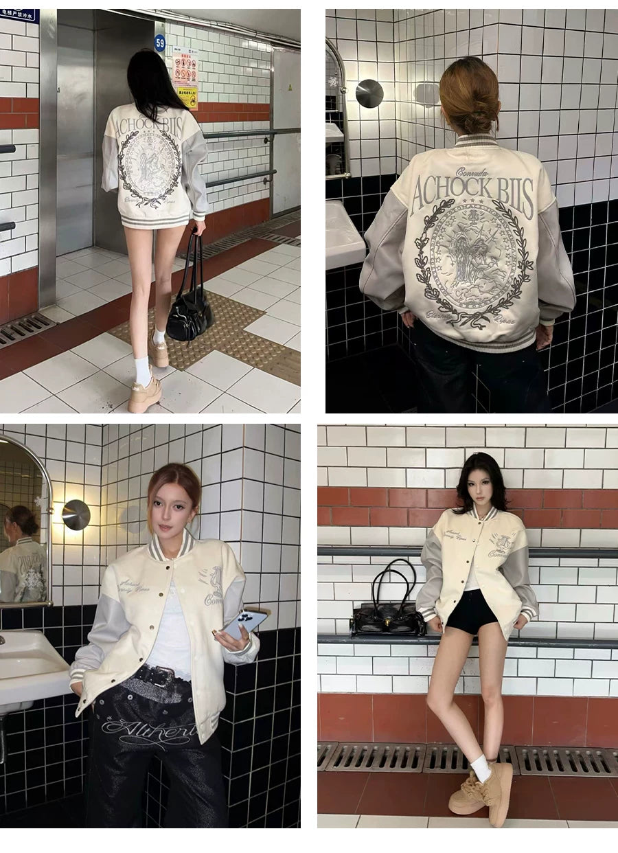Embroidered Street Baseball Jacket with Flight Jacket