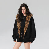 Cute Rabbit Ears Leopard Print Zip Up Hoodie