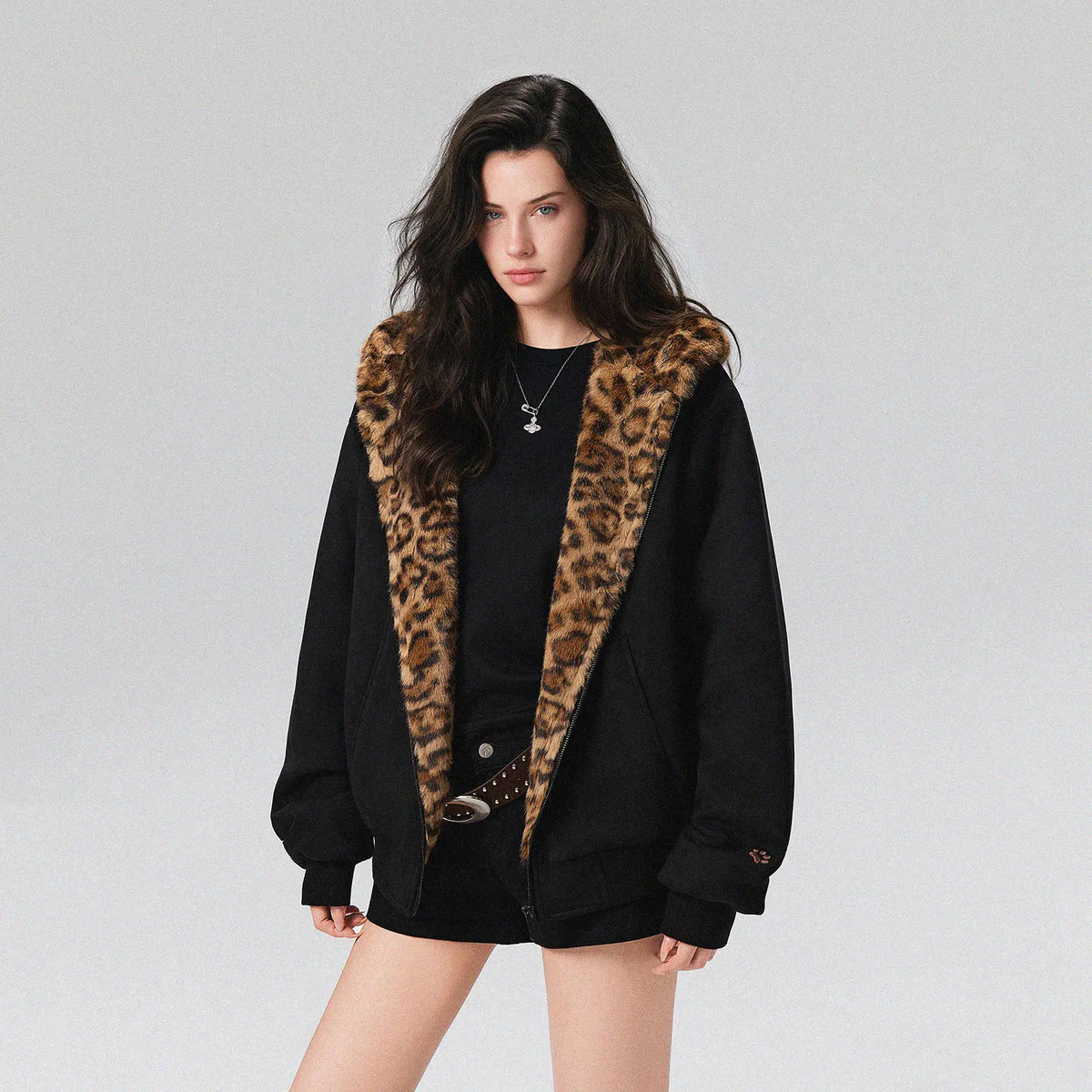Cute Rabbit Ears Leopard Print Zip Up Hoodie