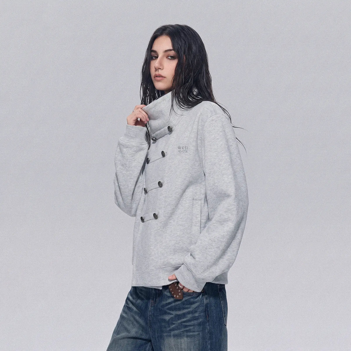 Stand Collar Double Breasted Metal Button Jacket