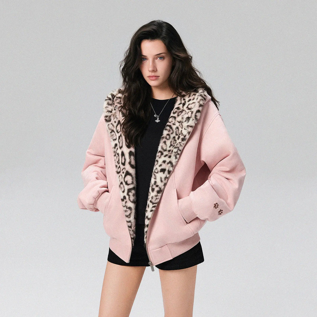 Cute Rabbit Ears Leopard Print Zip Up Hoodie
