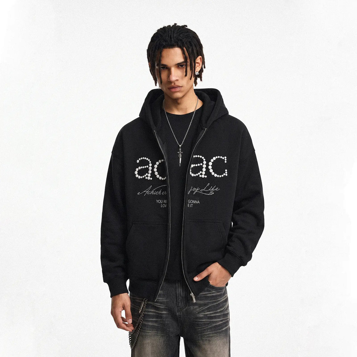 ACAC Series Street Embroidered Pearl Logo Zip Up Hoodie
