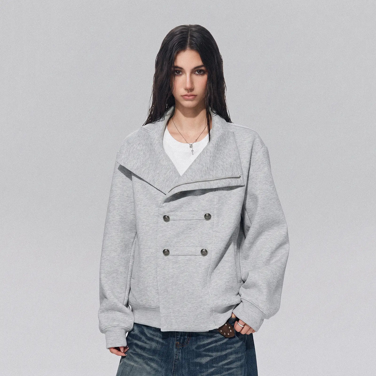 Stand Collar Double Breasted Metal Button Jacket